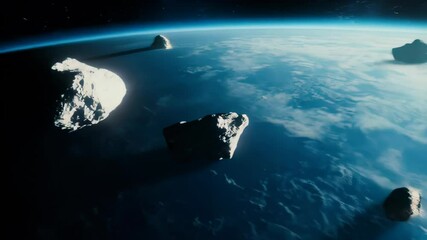 Wall Mural - planet earth in space, Asteroids float silently through the vastness of space, casting long shadows on the surface of a distant planet.  beauty and mystery of the cosmos and asteroids