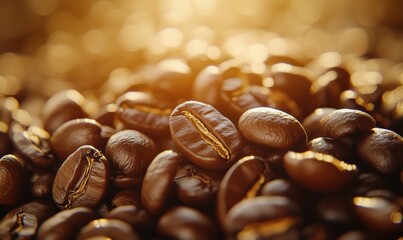 Poster - Close-up of roasted coffee beans with warm bokeh background for coffee lovers
