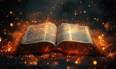 Poster - open book surrounded by glowing sparks and magical light effects