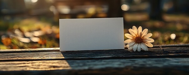 Wall Mural - blank white gift card on a wooden park bench with a flower