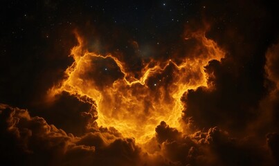 Poster - Stunning cosmic cloud formation illuminated by fiery orange and yellow hues in night sky