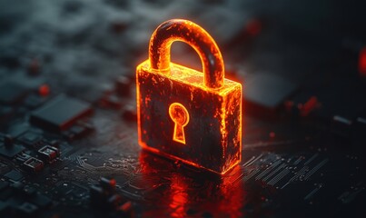 Poster - Glowing digital padlock symbolizing cybersecurity and data protection on circuit board