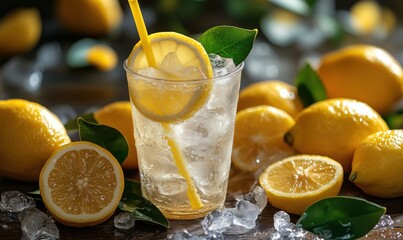 Poster - Refreshing lemon drink with ice and fresh lemons on wooden table