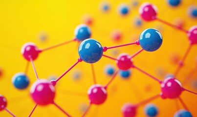 Poster - Colorful molecular structure with blue and pink atoms on vibrant yellow background