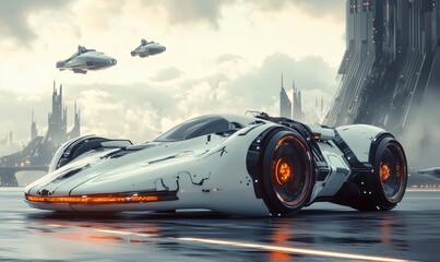 Poster - Futuristic sleek white hover car with glowing accents in sci-fi cityscape