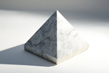 Poster - Marble Pyramid - Elegant marble pyramid, minimalist design, geometric shape, white background, texture detail. Symbolizing power, stability, aspiration, achievement, and sophistication