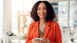 © peopleimages.com - Phone, portrait and smile with business woman in office for networking, client chat and virtual consultant. Communication, online feedback and app with person in creative agency for project review