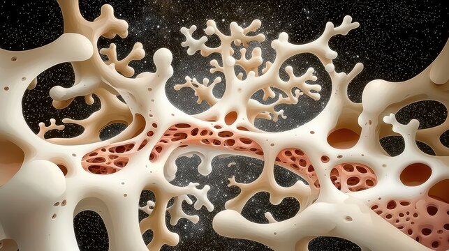 A 3D rendering of a complex, organic structure with a network of interconnected tubes and cavities.