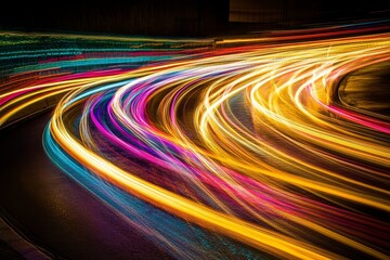 Poster - Vibrant Light Trails: A Symphony of Color and Energy - Abstract symbolizing speed, movement, energy, technology, and dynamism. Curving light trails create a vibrant and colorful composition