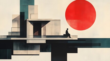 Aufkleber - Contemplation in Modern Architecture with Red Sun
