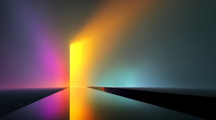 Poster - Vibrant neon lights illuminate an abstract space, casting colorful reflections on a glossy floor, creating a futuristic and surreal atmosphere