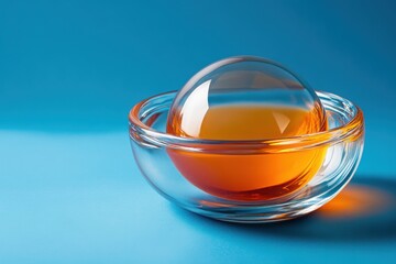 Aufkleber - Burnt orange glass ball resting in a clear dish against a solid indigo background, showcasing vibrant color contrast and elegance