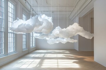Aufkleber - Innovative art installation features airy cloud forms suspended in a chic gallery filled with natural light