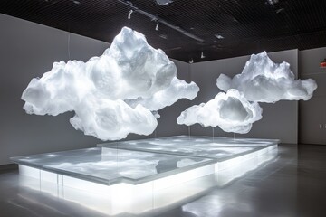 Aufkleber - Ethereal sculptures resembling clouds illuminated in a spacious art gallery create a dreamlike atmosphere for visitors to experience