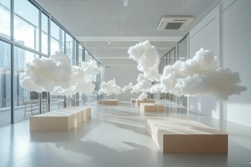 Aufkleber - Delicate cloud-like sculptures create a mesmerizing art display in a bright, spacious gallery during daylight hours