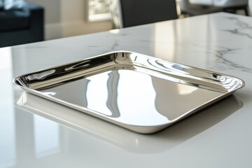 Aufkleber - Sleek silver metal tray displayed on a bright white quartz surface with elegant reflections and modern design aesthetic