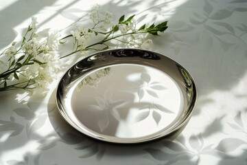 Poster - Elegant silver metal tray on a floral-patterned surface reflects subtle light and enhances a modern decor style