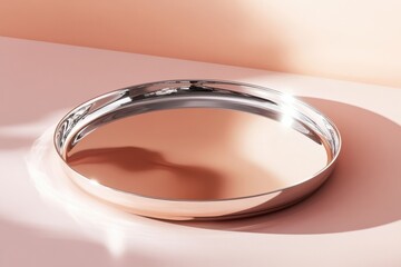 Fototapete - Elegant silver metal tray on a soft peachy pink surface showcasing modern design and polished reflections in a well-lit setting