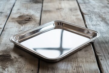 Fototapete - Silver metal tray on rustic barn wood surface, showcasing modern design and polished reflections for elegant decor