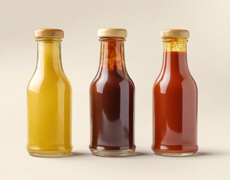 bottles of different types of barbecue sauce isolated on a light background