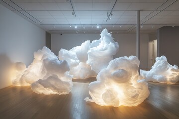 Aufkleber - Striking art installation of soft clouds illuminating gallery space with inviting atmosphere and contemporary design