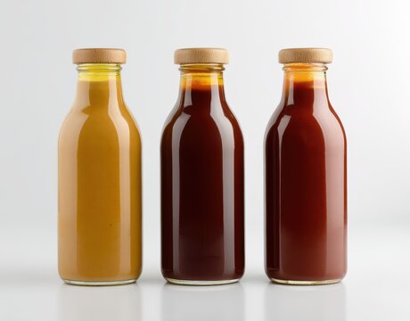 bottles of different types of barbecue sauce isolated on a light background