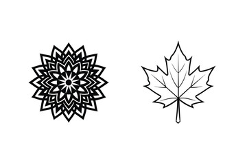 Poster - Black And White Vector Graphics Of Geometric Mandala And Maple Leaf