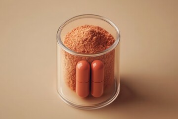 Aufkleber - Close-up of a brick red capsule resting beside powder in a clear glass holder on a smooth light brown surface