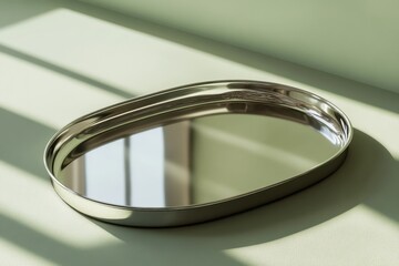 Poster - Sleek silver metal tray on a light sage green surface, reflecting elegance in modern design
