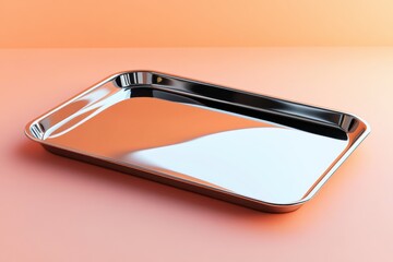 Poster - Showcasing a sleek silver metal tray on a soft apricot surface highlighting modern design and elegant reflections