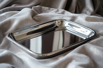 Poster - Elegant silver metal tray resting on plush fabric creates a modern aesthetic with polished reflections and sleek design elements