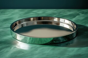 Poster - Elegant silver metal tray displayed on a rich emerald green surface showcases modern design and polished reflections in a serene setting