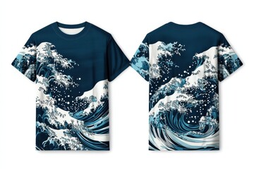 Poster - Trendy ocean blue t-shirt featuring striking graphic front and back views on a white background for showcasing unique style