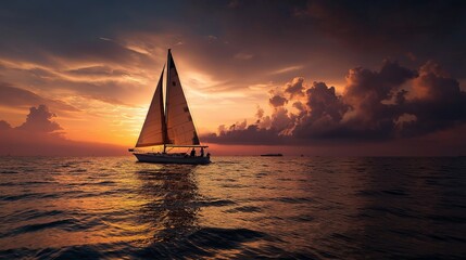 Poster - Sailing boat silhouetted against a bold sunset, with reflections glistening across gentle ocean waves