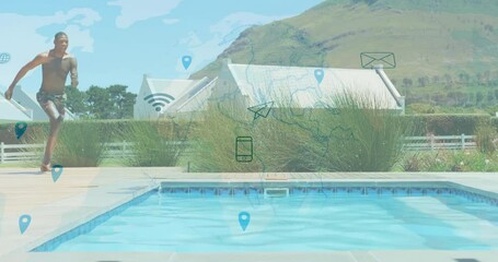 Poster - Walking by pool, man surrounded by digital network animation overlaying landscape