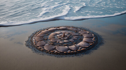 Poster - Seashell mandala on wet sand, surrounded by foamy waves and soft morning light