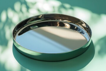 Aufkleber - Reflective silver tray on a turquoise surface with soft shadows creating a serene atmosphere in bright natural light