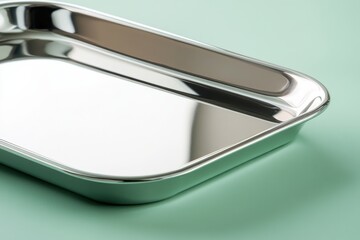 Poster - Modern stainless steel tray resting on a light green background showcasing its sleek design and reflective surface