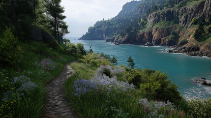 Poster - Shell-studded pathway leading to a hidden cove, flanked by cliffs and blooming seaside wildflowers