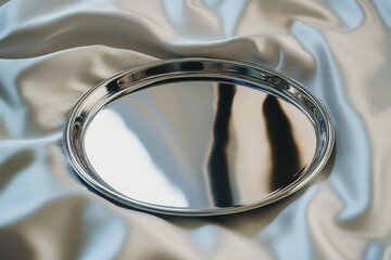 Leinwandbilder - Reflective silver tray placed on soft satin fabric showcasing its shine and elegance in a serene setting