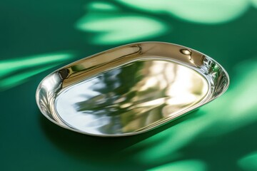 Poster - Stylish silver tray on vibrant green background showcasing reflections and organic shapes