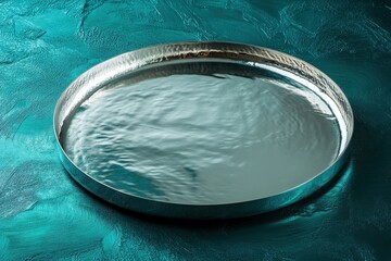 Poster - Circular silver tray placed on a textured turquoise surface with gentle reflections in natural light