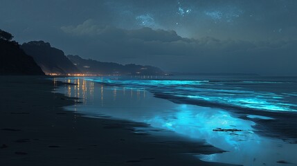 Poster - starry night sky over the sea, bioluminescent waves glowing softly as the tide rolls in