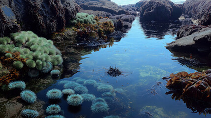 Poster - Tidepools filled with sea urchins, anemones, and tiny crabs, reflecting the pale blue sky above