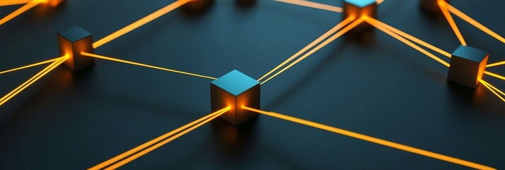Poster - abstract network cubes and glowing lines - interconnected network, data flow, technology, global con