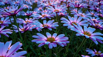Poster - Blossoms bloom under a setting sun in a vibrant flower field
