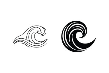 Poster - Two Stylized Waves Line Art And Silhouette Design Elements On White Background