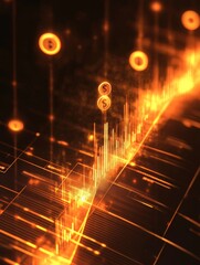 Poster - Dynamic Financial Growth Visualization - Illustrates financial success, upward trend, glowing currency, data visualization, and technological advancement. Symbolizing progress, wealth, innovation