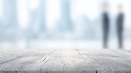 Poster - Soft Focus on Wooden Table Over Abstract Business Background with Blurred Figures in Office Setting