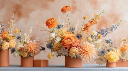 Poster - Beautiful floral arrangements featuring vibrant orange and soft pastel flowers in terracotta pots